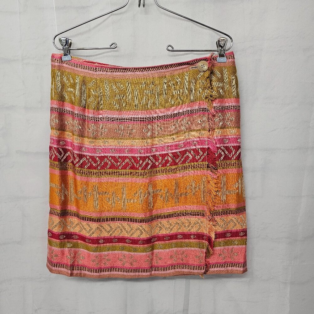 Vintage The Limited Skirt Pink Orange Boho Fringe Mini Wrap Linen Summer L